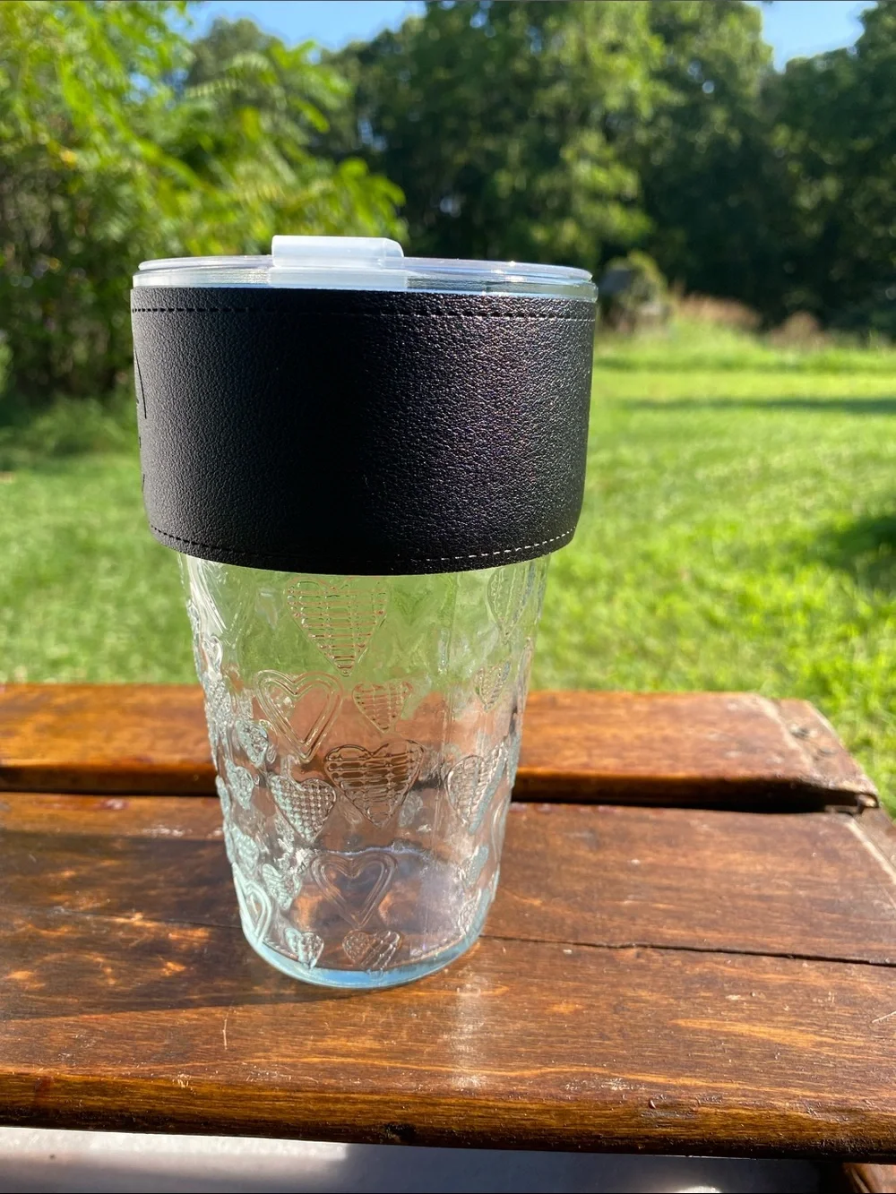 Giant Goods Heart-Embossed Glass Travel Tumbler Faux-Leather Insulating Sleeve